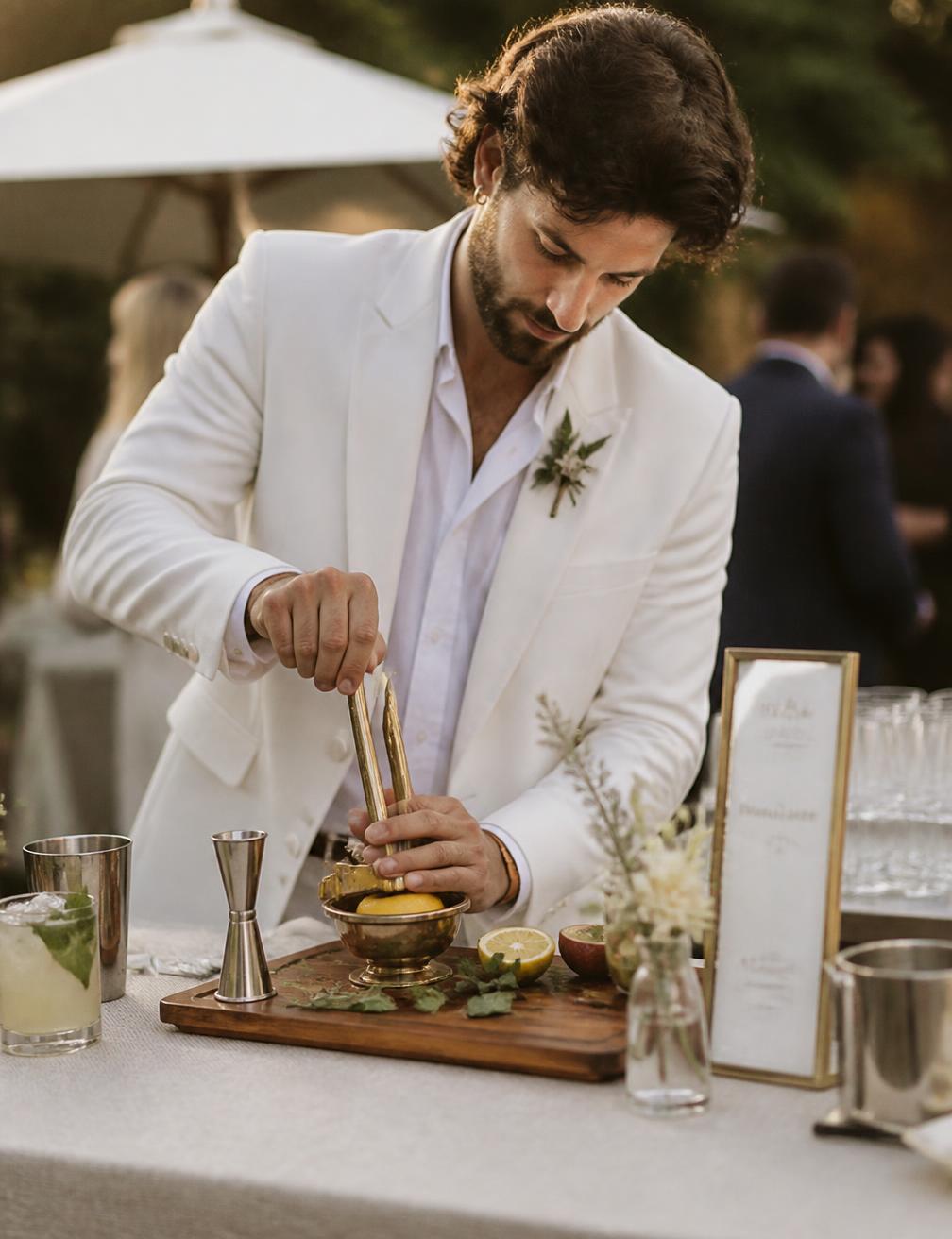 Bartender pressing fresh citrus at an outdoor event bar