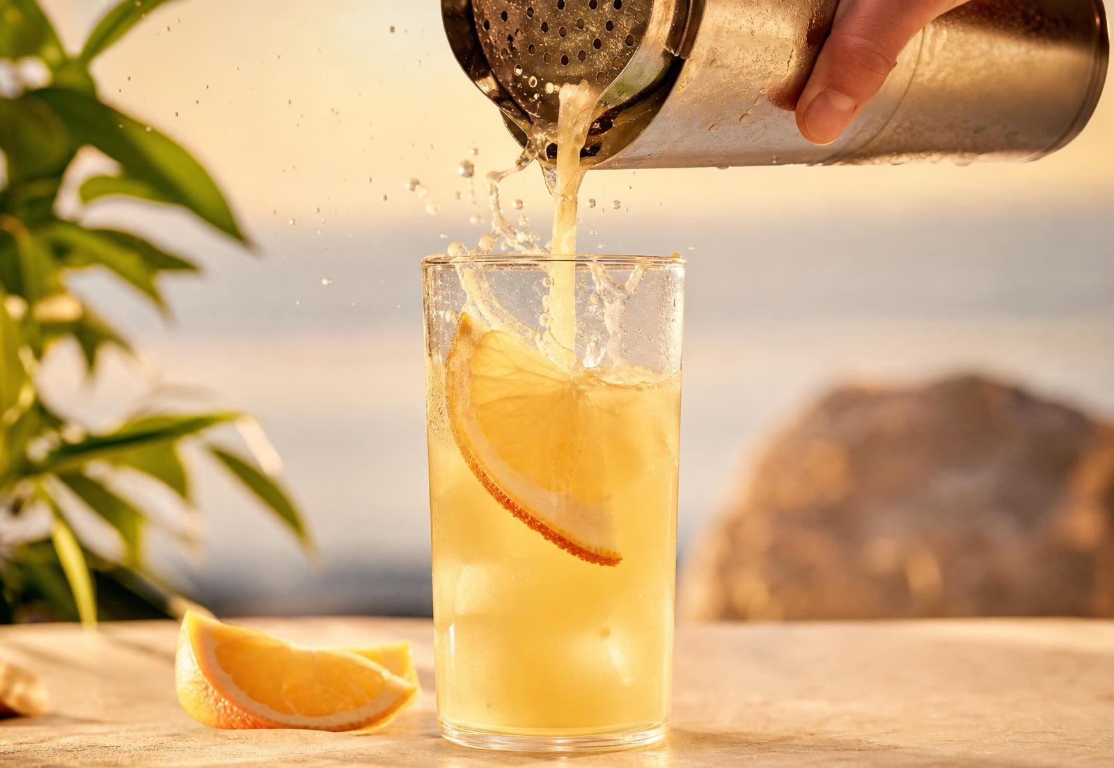 Fresh-pressed craft cocktail poured over citrus and ice